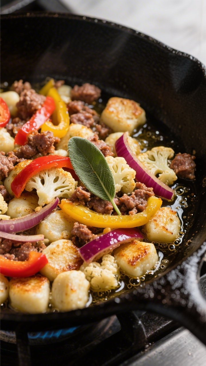 45-degree skillet action shot: cauliflower gnocchi pan-seared to golden-crisp edges with crumbled Italian sausage, ribbons of red and yellow bell peppers, and sliced red onion; fresh sage leaves sizzling in olive oil, tiny bubbles around the gnocchi; cast-iron skillet on a stovetop with a light sheen of oil catching the highlights.