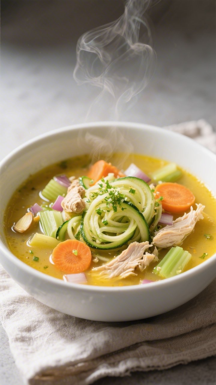 45-degree steaming bowl shot: Ginger-turmeric chicken soup with spiraled zucchini zoodles, thin carrot coins, celery pieces, diced onion, and shredded chicken in a golden turmeric broth. Garnish of fresh grated ginger and minced garlic flecks visible. Served in a deep white bowl on a linen napkin, avocado oil sheen on top, soothing, restorative mood.