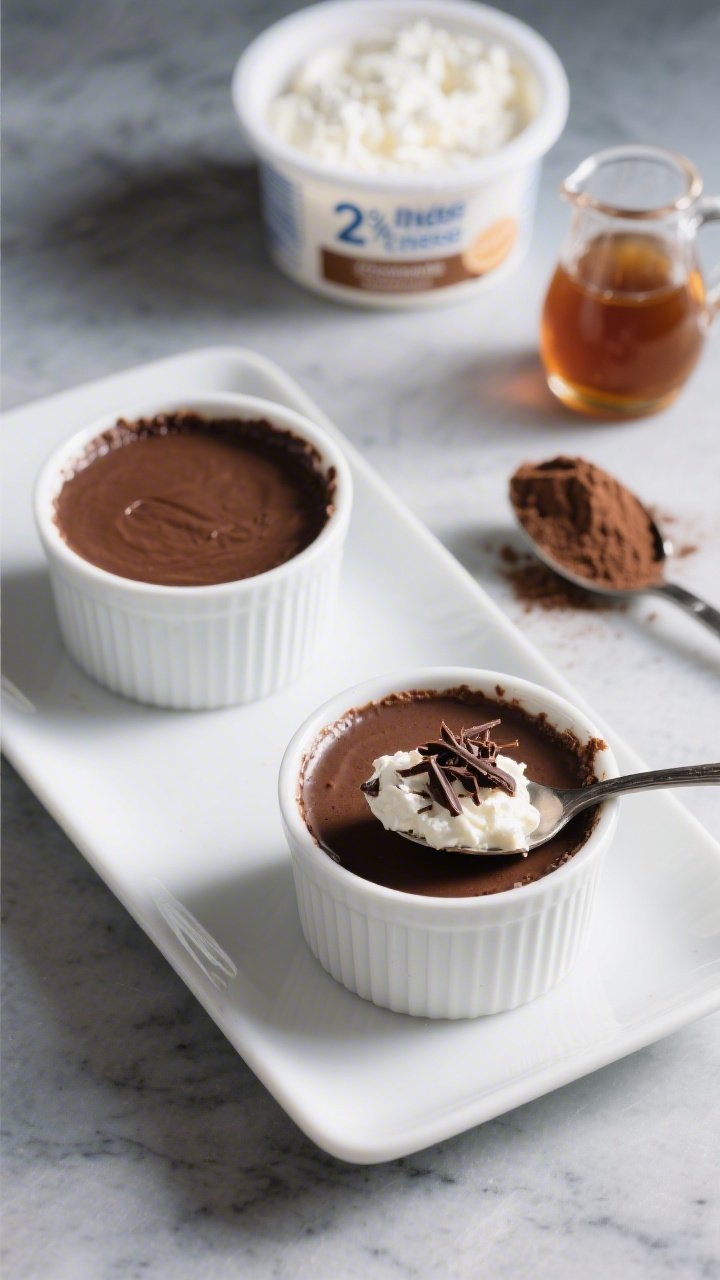 A 45-degree angle plated presentation of blender chocolate cottage cheese cheesecake cups set in white ramekins with silky, set tops; a spoonful revealing creamy interior; garnished with fine dark chocolate shavings; backdrop includes a tub of 2% cottage cheese, softened low-fat cream cheese, a scoop of chocolate protein powder, and a small pitcher of maple syrup; cool tones, high-end patisserie vibe.