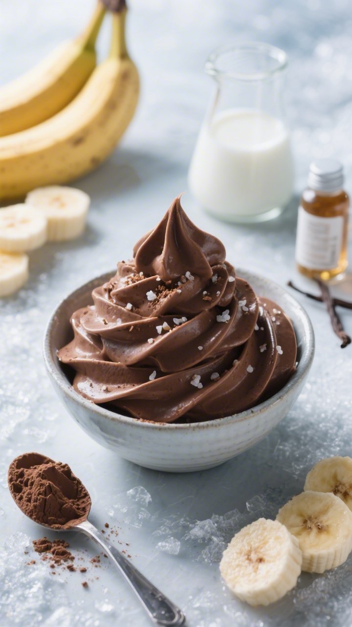 A 45-degree angle scoop shot of dark chocolate banana protein soft-serve piled high in a chilled bowl, soft folds and scoop lines visible; topped with a sprinkle of cocoa and a tiny pinch of flaky salt; ingredients placed around: frozen banana slices frosted with chill, scoop of chocolate protein powder, small beaker with milk, vanilla extract bottle; bright, energetic lighting, frosty vibe.