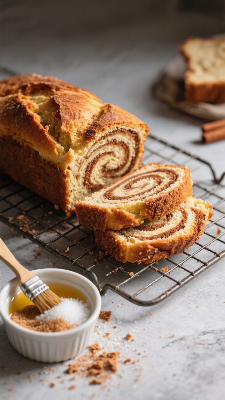A 45-degree sliced cinnamon swirl sourdough discard coffee cake loaf on a cooling rack, showcasing a dramatic cinnamon-sugar ribbon spiraling through a tender crumb; small bowl of melted butter with brush, granulated sugar and cinnamon mixture in a ramekin, crumbs scattered; cozy, bakery-style lighting emphasizing texture and golden crust.