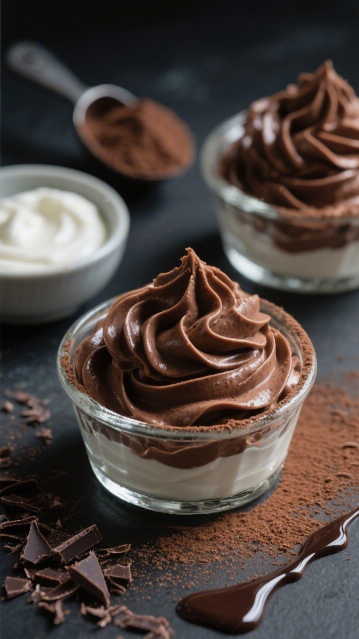 A close-up, 45-degree angle shot of double-chocolate Greek yogurt mousse piped into clear glass ramekins, ultra-creamy swirls with glossy 70% dark chocolate ribbons folded in; dusted lightly with cocoa powder and micro-shaved dark chocolate; props include a small bowl of plain 2% Greek yogurt, an open scoop of chocolate protein powder, and a drizzle trail of melted dark chocolate in the background; moody side lighting to emphasize velvety texture, no people.