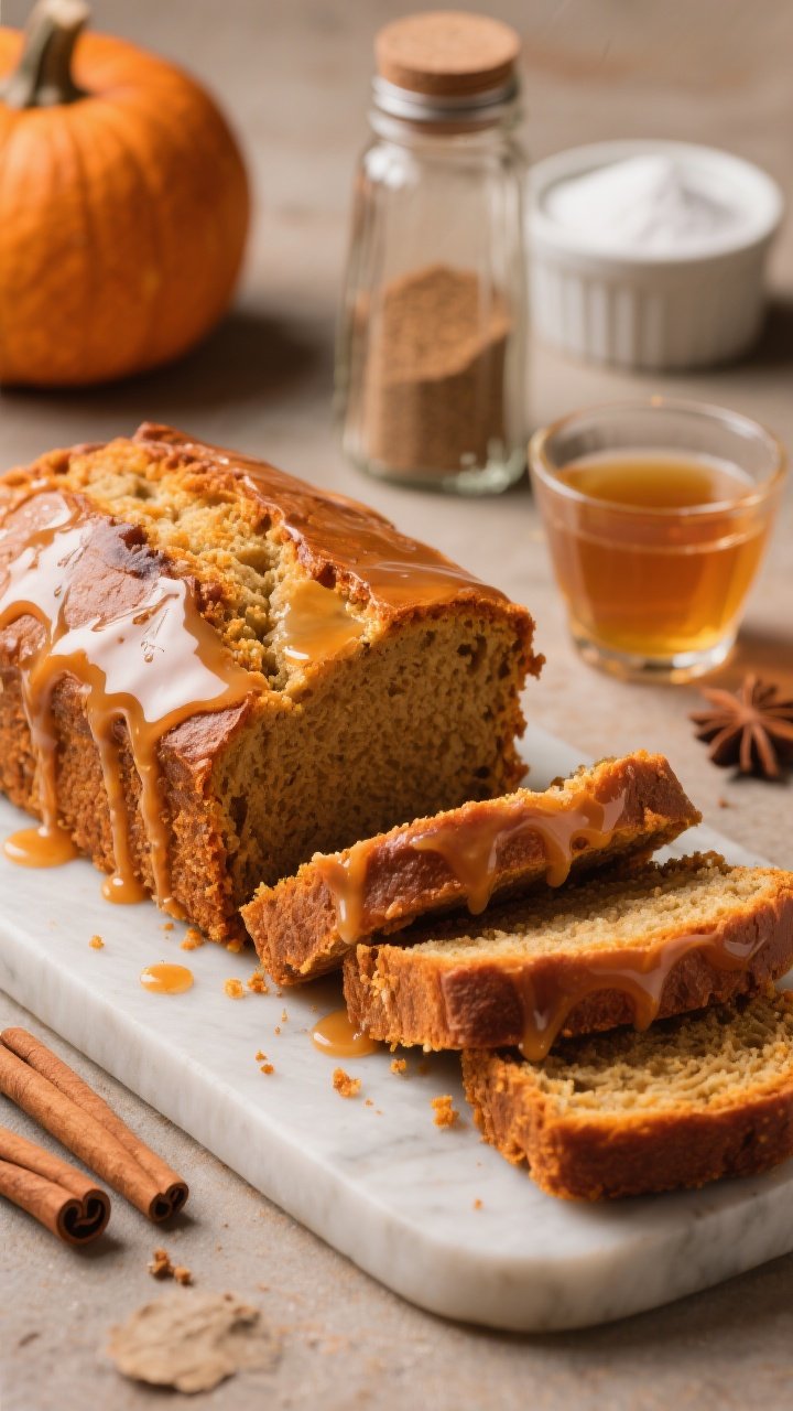 A cozy 45-degree shot of sourdough pumpkin bread brushed with glossy apple cider glaze dripping down the sides; warm-toned styling with pumpkin pie spice jar, cinnamon sticks, and a small cup of apple cider; slices slightly fanned to show plush orange crumb; baking soda and baking powder ramekins subtly included in background.
