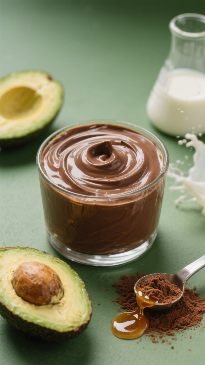 A creamy close-up of silky chocolate avocado protein pudding swirled in a low glass, ultra-smooth with a glossy sheen; half an avocado, cocoa powder mound, and a protein scoop in soft focus; a tiny stream of maple syrup caught mid-drip on the surface; subtle milk splash prop in a small beaker; bright, fresh, health-forward styling with green and deep chocolate contrast.