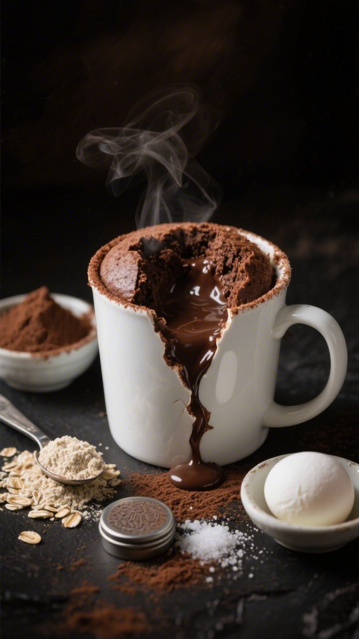 A dramatic straight-on shot of a warm lava protein mug cake just broken open in a white ceramic mug, molten chocolate center oozing; cocoa-dusted rim, steam visible; ingredients styled nearby: small bowl of oat flour, scoop of chocolate protein powder, cocoa powder, baking powder tin, pinch bowl of salt, and a small dish with egg white; dark moody background to emphasize warmth.