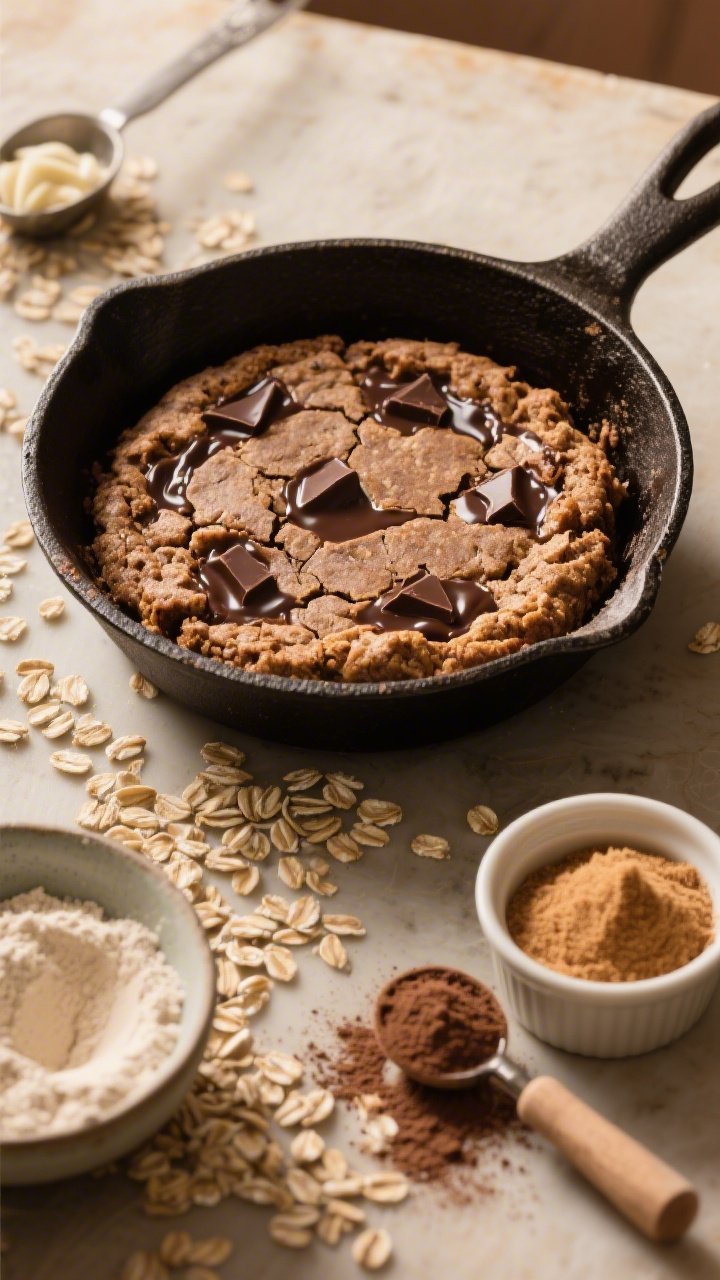 A rustic overhead skillet scene of a protein-packed chocolate oatmeal cookie skillet, set in a cast-iron pan with a crackled, gooey center and melty dark chocolate pockets; oats scattered on the table, a bowl of oat flour, scoop of chocolate/vanilla protein powder, coconut sugar in a ramekin, and cocoa dusting tool; warm, golden light to emphasize chewy edges and indulgent crumb.