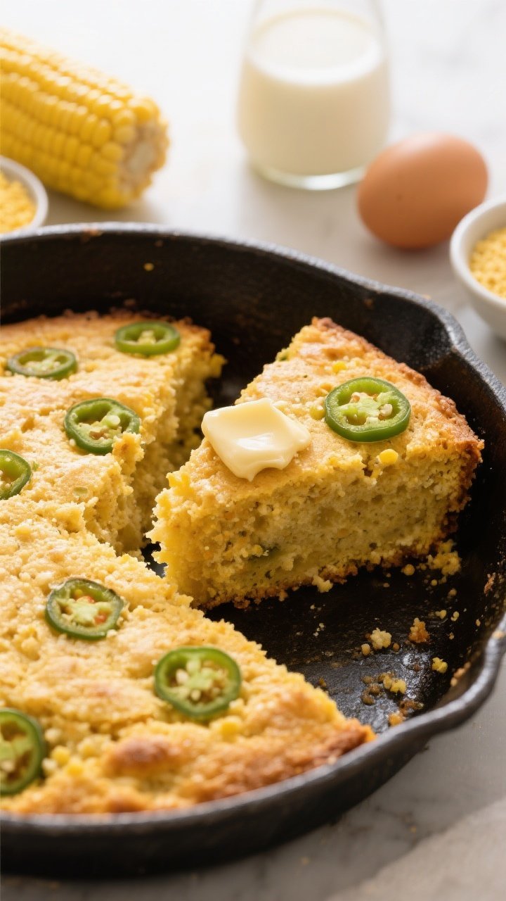 A straight-on skillet presentation of jalapeño cornbread with sourdough discard, golden top studded with jalapeño rounds and coarse cornmeal texture; slice lifted to show tender crumb, honey butter melting over the warm wedge; ingredients nearby: yellow cornmeal, eggs, buttermilk (or milk), and baking powder/soda in small bowls; bright, inviting lighting.