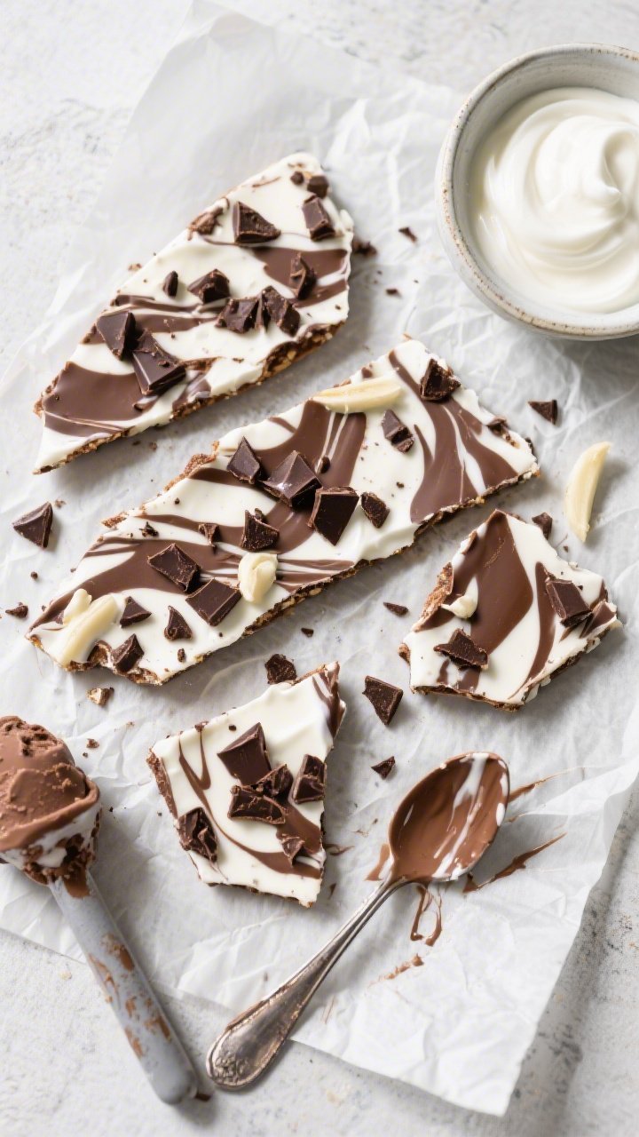 An overhead flat lay of crispy chocolate protein frozen yogurt bark on parchment, broken into irregular shards; marbled white and deep chocolate tones from Greek yogurt, cocoa, and protein; studded with chopped dark chocolate and a light vanilla glisten; a bowl of plain 2% Greek yogurt, chocolate protein scoop, and a spoon streaked with cocoa nearby; crisp, cool lighting for snap and texture.