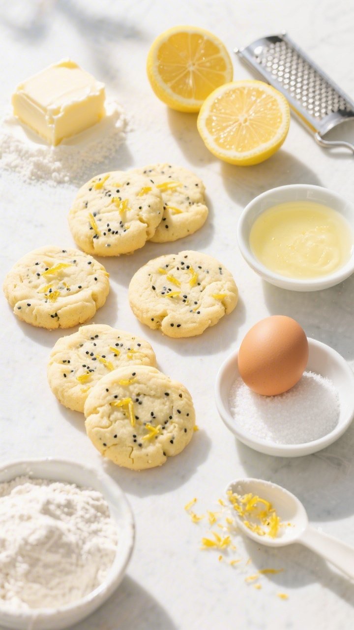 Bright overhead flat lay of Lemon Poppy Seed Sunshine Cookies: pale-yellow cookies with visible lemon zest flecks and poppy seeds, lightly cracked tops; ingredients arranged neatly—Greek yogurt, softened unsalted butter, granulated sugar, one egg, the zest of 2 lemons, a small dish of fresh lemon juice, all-purpose flour, and a protein powder scoop; sunlit scene with lemon halves and a zest microplane for a fresh, citrusy mood.