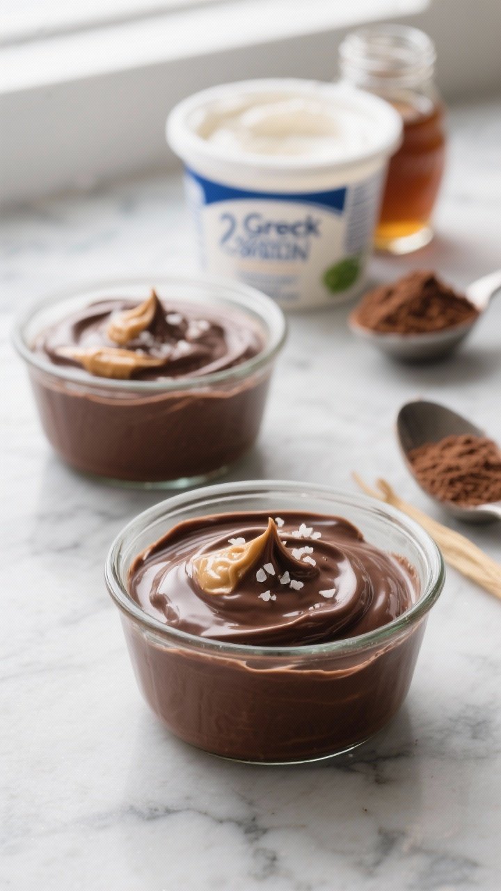 Close-up, 45-degree angle of chocolate Greek yogurt silk cups in small glass ramekins, ultra-creamy dark cocoa yogurt with a glossy peanut butter swirl on top, tiny sprinkle of flaky salt; ingredients hinted in background: plain 2% Greek yogurt tub, unsweetened cocoa powder, chocolate protein powder scoop, maple syrup jar, vanilla extract, all on a cool marble surface with soft window light.