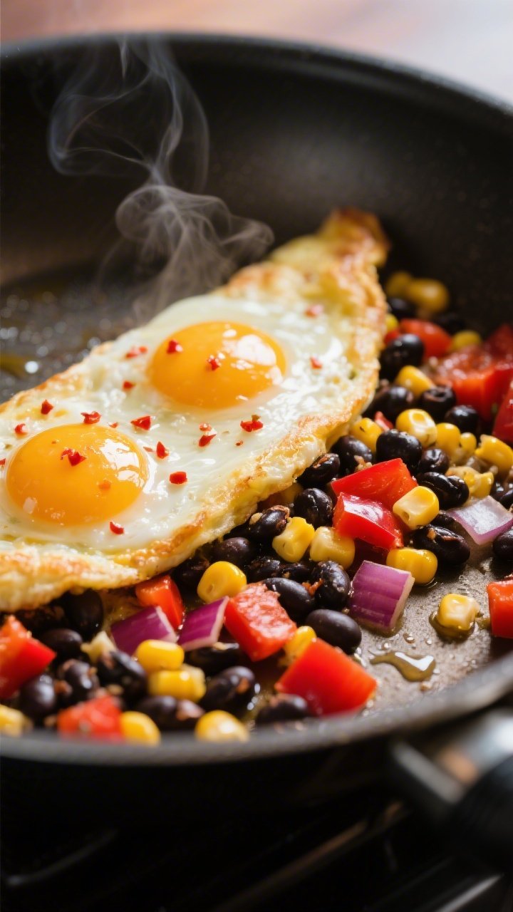 Close-up action shot of a Spicy Southwest Black Bean, Corn, and Bell Pepper Omelette just set in a nonstick skillet: eggs softly curding around black beans, juicy corn kernels, diced red bell pepper, and bits of red onion, with a hint of chili heat implied by red pepper flakes; oil shimmering lightly on the surface, edges slightly crisp, steam rising; warm, contrasty light emphasizes the vibrant reds, yellows, and blacks.