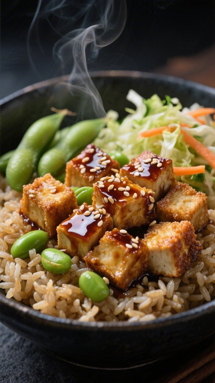 Close-up action shot of teriyaki tofu edamame bowl: crispy cornstarch-dusted tofu cubes glazed in glossy teriyaki, nestled over short-grain brown rice with bright green shelled edamame; side of ginger-sesame slaw (shredded cabbage and carrots) lightly glistening with sesame dressing; sesame seeds sprinkled mid-air, steam visible, shot straight-on with a dark moody background to make the glaze pop.
