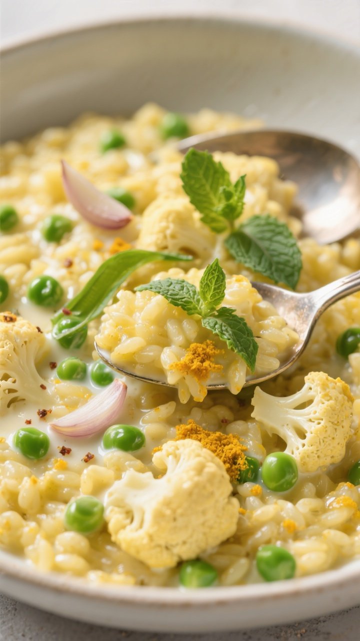 Close-up creamy texture shot: golden cauliflower “risotto” shimmering with coconut milk and a hint of turmeric, folded with sweet green peas and finished with fresh mint ribbons; tiny flecks of shallot and garlic visible; served in a wide, low bowl, glossy spoon mark showing creaminess; bright, spring-like color palette, soft natural light.