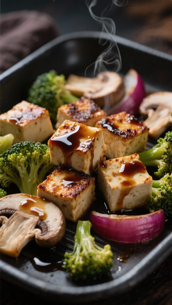 Close-up macro of balsamic-glossed tofu cubes with crispy edges, nestled among seared cremini mushroom halves, broccoli florets, and red onion wedges; visible soy-balsamic reduction clinging to surfaces, caramelized bits, steam curls; dark ceramic sheet pan for contrast, moody lighting highlighting textures.