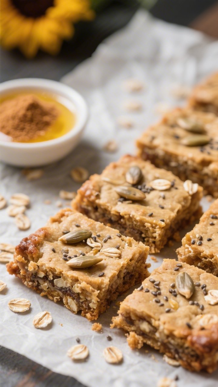 Close-up macro of chewy sunflower–oat cookie bars cut into squares on parchment, edges slightly caramelized; oats and chia seeds visibly embedded with a scattering of roasted sunflower seeds on top; a small dish of melted butter and a pinch bowl of brown sugar in soft focus; shallow depth of field to highlight chewy texture and crunchy seed contrast.