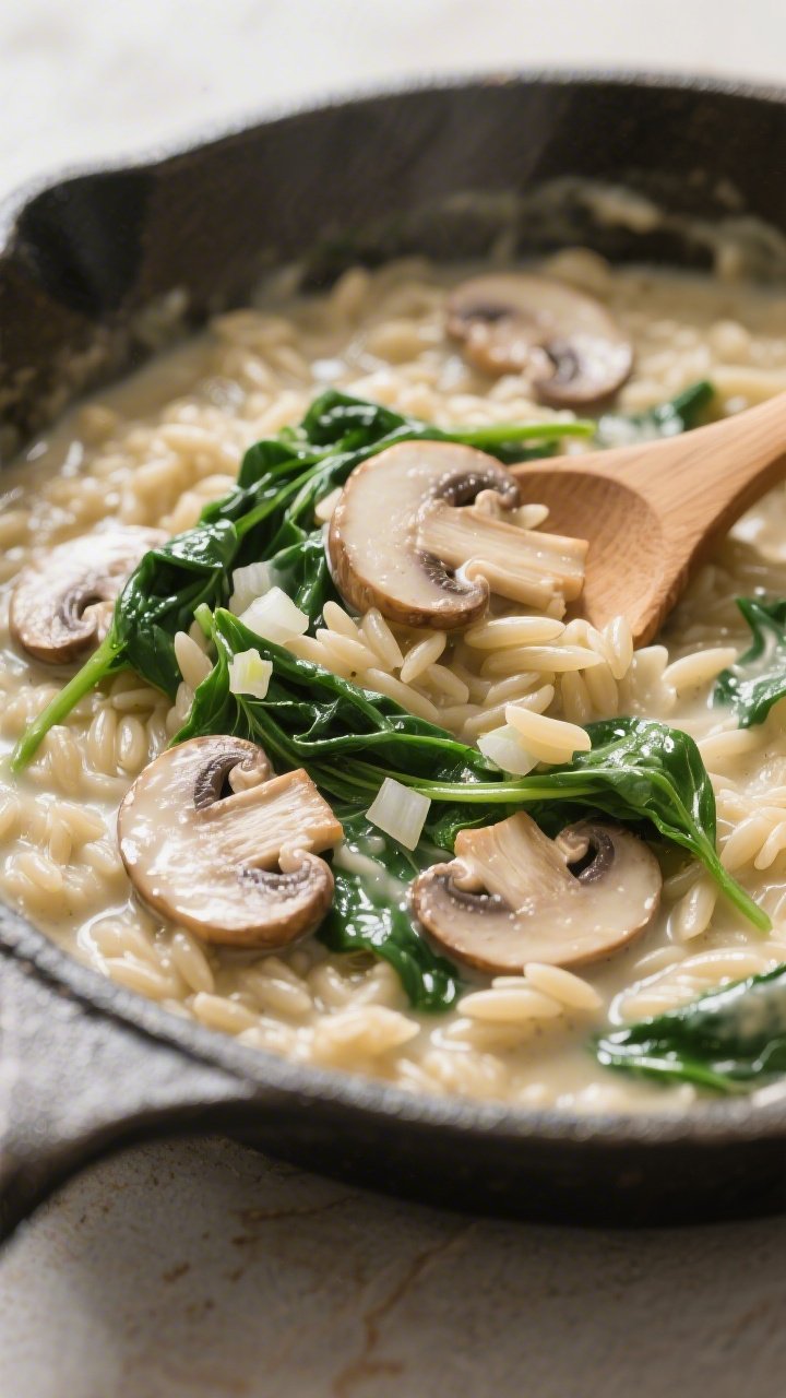 Close-up macro of creamy spinach mushroom orzotto in a shallow enamel skillet: glossy orzo grains coated in silky broth, tender sliced cremini mushrooms, ribbons of just-wilted baby spinach folded through; hints of minced garlic and diced onion visible; a wooden spoon creating a creamy wave; softly diffused light for a luxurious texture-forward shot, minimal props.