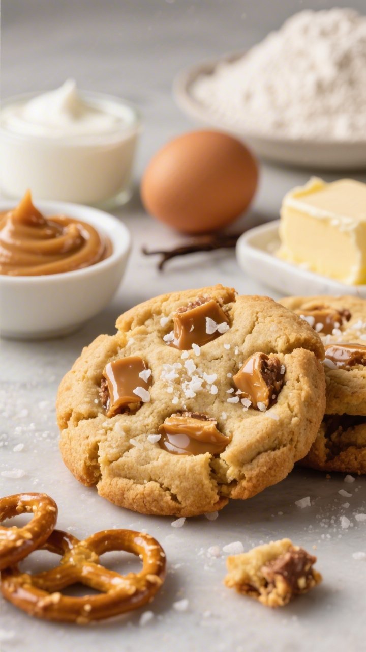 Close-up macro of Salted Caramel Pretzel Crunch Cookies: golden cookies packed with caramel pockets and chunky pretzel pieces, flaky sea salt sprinkled on top; nearby are Greek yogurt, softened unsalted butter, light brown and granulated sugars, an egg, vanilla, and all-purpose flour; a small bowl of soft caramel and a handful of broken pretzels signal the mix-ins; glossy highlights on caramel.