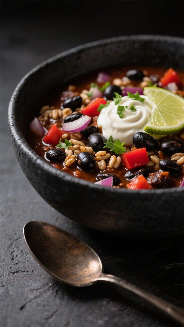 Close-up of chipotle black bean and farro chili in a charcoal ceramic bowl, straight-on: glossy black beans and pearled farro in a smoky chipotle-in-adobo sauce with diced red onion, red bell pepper, minced garlic; a dollop of lime crema swirled on top, lime zest and cilantro scattered; adobo-stained spoon resting nearby; dramatic side lighting to highlight sheen and hearty grains.