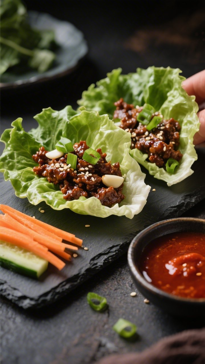 Close-up of Korean-inspired beef and veggie lettuce wraps being assembled on a slate board: glossy, soy-sauce glazed ground beef with garlic and ginger nestled in crisp butter lettuce cups, sprinkled with sesame seeds and thinly sliced green onions, julienned carrots and cucumber on the side; a small dish of gochujang or dipping sauce nearby; moody lighting highlighting lacquered beef and fresh textures.