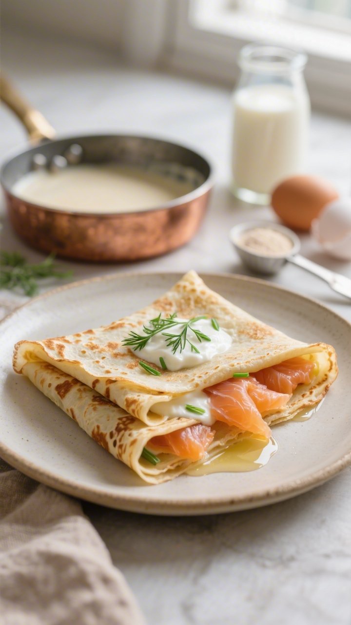 Close-up of thin, lacy high-protein sourdough discard crêpes folded into quarters, layered on a neutral ceramic plate, filled with silky herby yogurt (dill, chives) and ribbons of smoked salmon peeking out; edges of crêpes slightly crisp from butter, brushed with a touch of olive oil sheen; a small copper pan in the background with batter ladle, and props showing milk, eggs, and a scoop of unflavored whey protein; elegant brunch styling with soft window light.