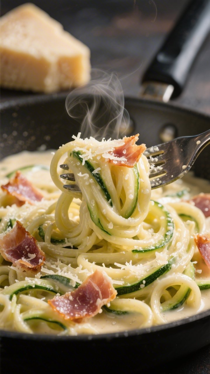Close-up of zucchini noodle Alfredo twirled on tongs, coated in glossy cream-and-butter garlic sauce with finely grated Parmesan clinging to the strands; shards of crispy prosciutto scattered on top; steam rising, micro-droplets of sauce visible; shallow depth of field with a blurred background of a skillet and a wedge of Parmesan.