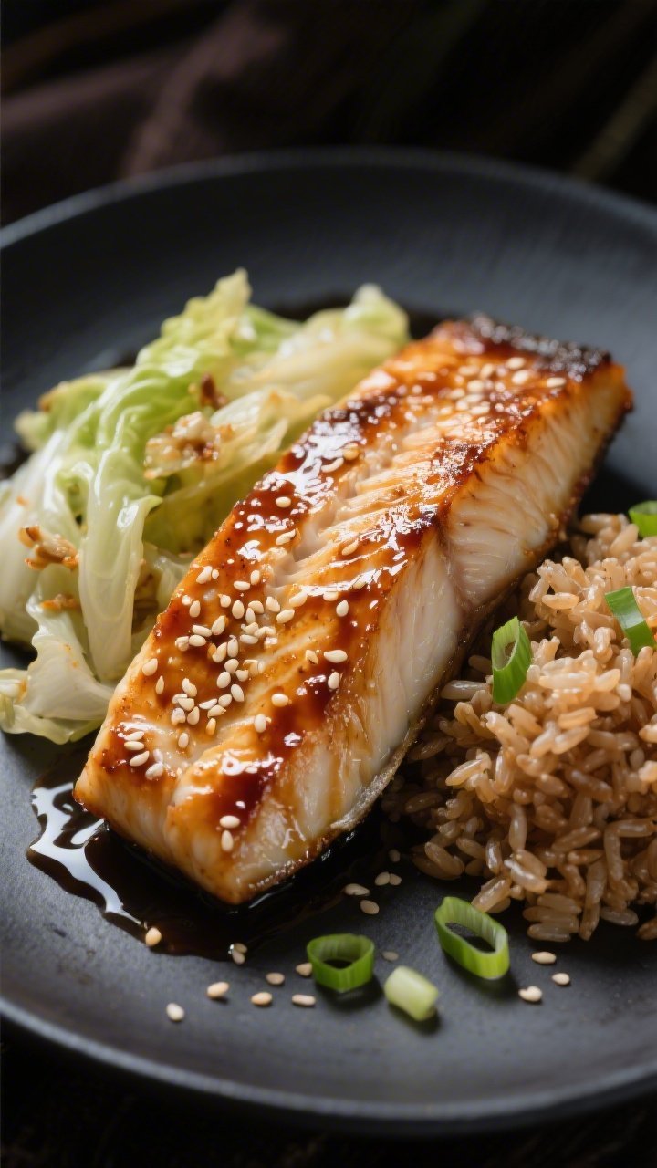 Close-up on glaze: Miso-glazed cod fillet lacquered with white miso, rice vinegar, maple, tamari, ginger, and sesame oil, baked until flaky. Nestled against sesame-studded sautéed cabbage and a scoop of fluffy brown rice. Tiny scallion slices and a light sesame drizzle for shine. Minimalist dark plate, moody lighting for umami richness.