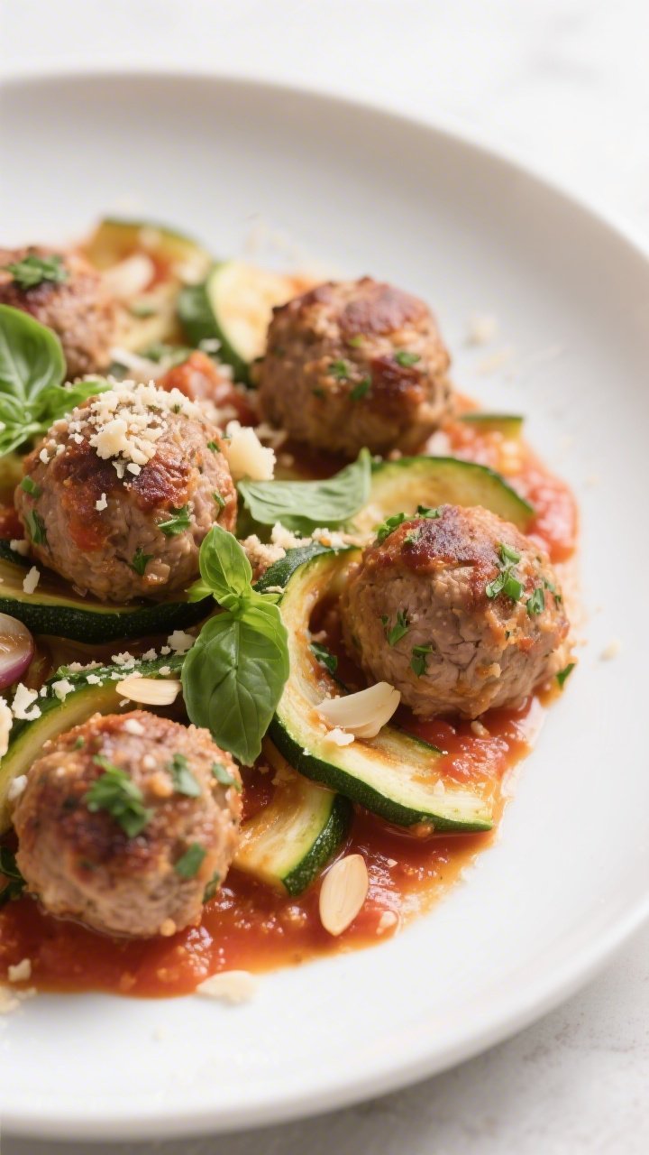 Close-up plated entrée: Herby turkey meatballs (parsley, basil, almond/oat flour, egg) browned and nestled over wide zucchini ribbons, all coated in a glossy tomato-basil sauce. Visible minced garlic and onion powder specks, torn basil leaves on top. Presented on a shallow white bowl, slight parmesan-like crumble effect from almond flour texture, inviting weeknight comfort.