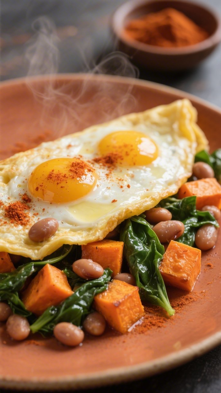Close-up plated shot of a Smoky Sweet Potato, Spinach, and Pinto Bean Omelette: vivid orange roasted sweet potato cubes and wilted baby spinach tucked into fluffy eggs, creamy pinto beans peeking out; a dusting of smoked paprika over the surface and a light olive oil sheen; set on a warm-toned ceramic plate with a small pinch bowl of smoked paprika in the background; cozy, smoky ambiance with gentle steam.