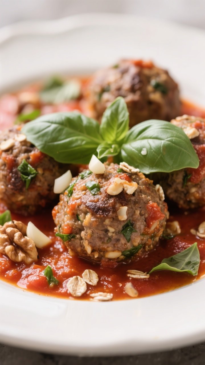 Close-up, straight-on plating: mushroom walnut “meatballs” made with finely chopped cremini mushrooms, toasted walnut pieces, and gluten-free rolled oats, nestled in a garlicky tomato basil sauce; the sauce clings to each meatball with visible minced garlic and torn basil leaves; a few extra basil sprigs on top, glossy finish, shallow depth of field emphasizing texture.