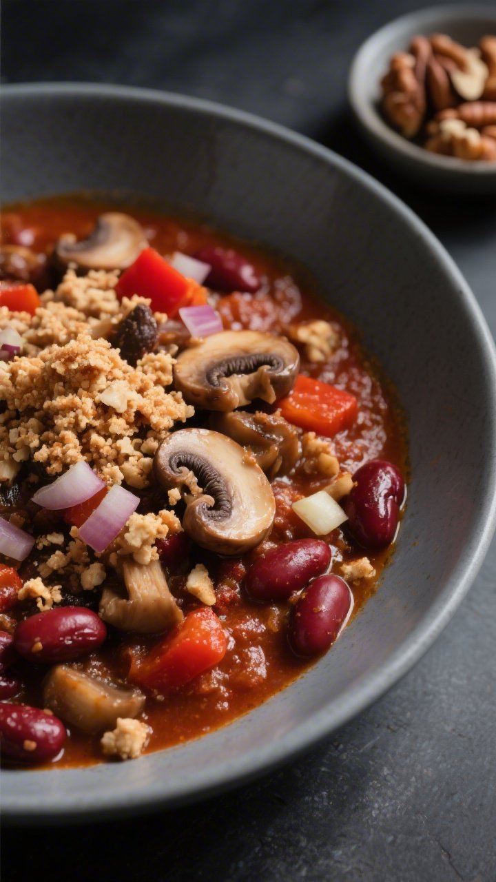Close-up umami-rich mushroom and red bean chili with walnut crumble, straight-on: finely chopped sautéed cremini mushrooms and red kidney beans in a thick, tomato paste-enriched, chili- and cumin-spiced base; finished with a rustic walnut crumble topping for crunch; diced onion, red bell pepper, and garlic visible; served in a matte gray bowl with a small dish of toasted walnuts on the side; moody lighting to emphasize depth and texture.