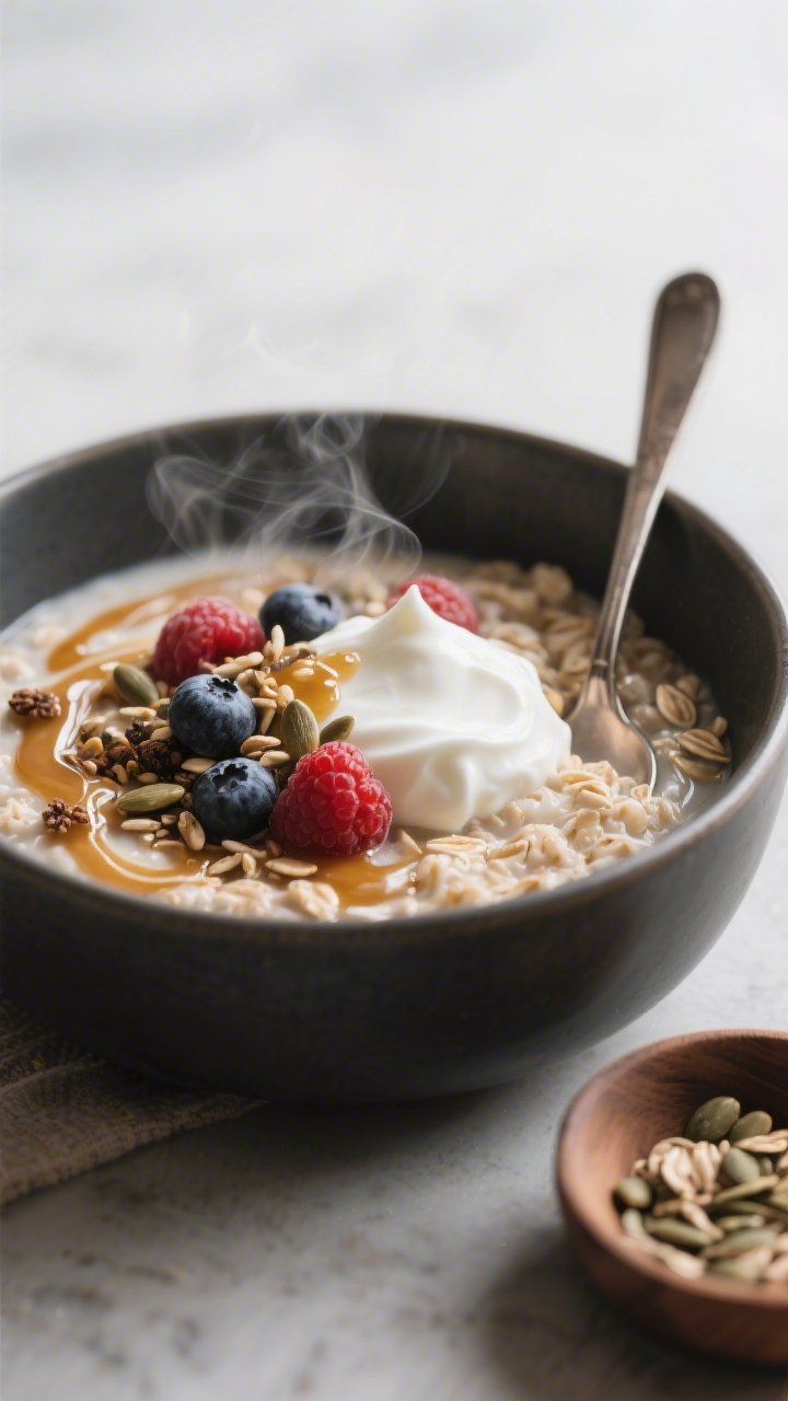 Cozy breakfast close-up: a deep bowl of steaming cinnamon oat groats (or steel-cut oats) swirled with vanilla, topped with a generous scoop of plain Greek yogurt, a medley of fresh berries, and a sprinkle of mixed seeds; honey-like sheen from natural juices, subtle steam rising; shot at 45 degrees with a spoon resting on the rim and a small dish of extra seeds nearby.