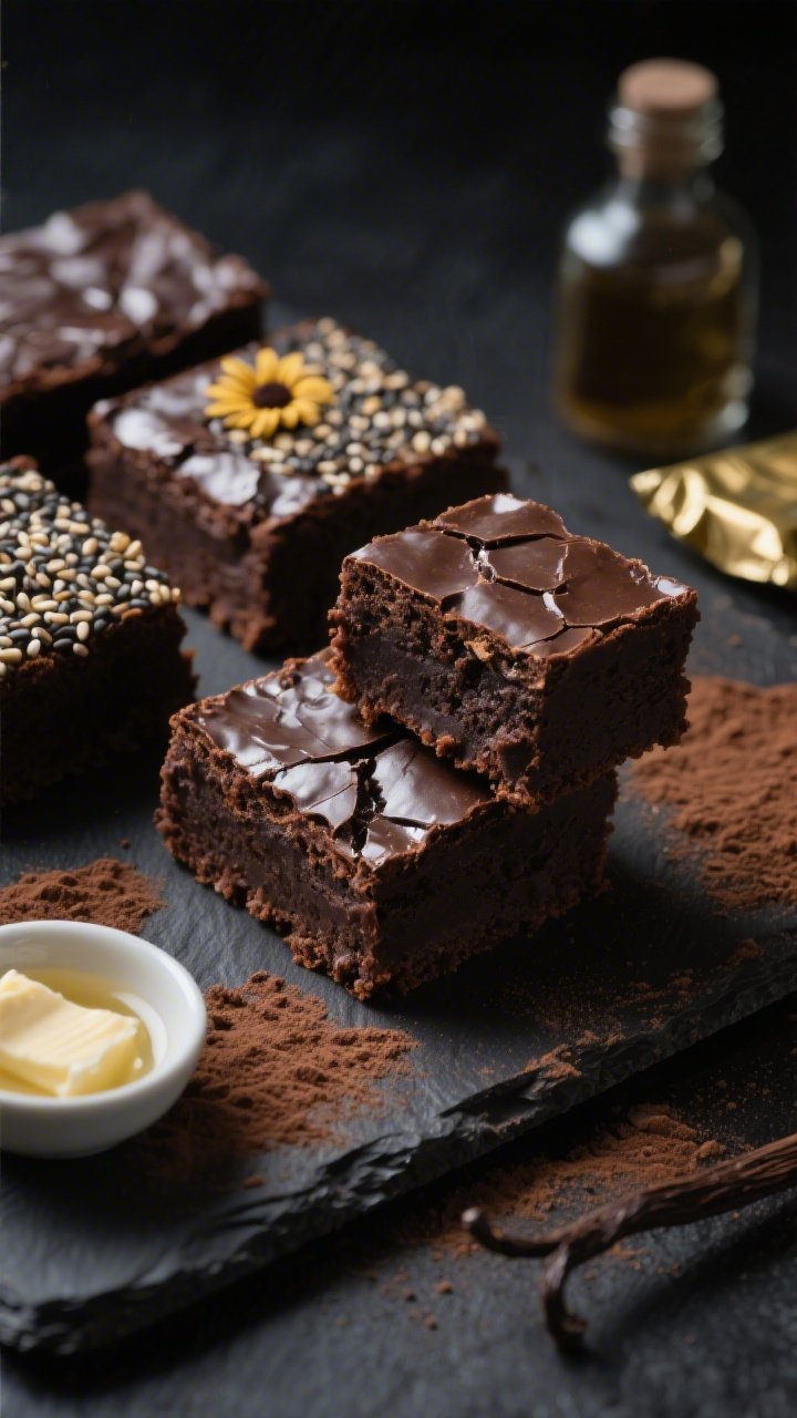 Dramatic close-up of midnight cocoa brownies on a dark slate, glossy crackled tops crowned with a crunchy sunflower–chia seed layer; a square brownie slightly lifted to show dense, fudgy interior; cocoa powder dusted nearby with a small bowl of neutral oil, butter wrapper, and vanilla bottle in soft blur; low-key lighting for deep chocolate richness.