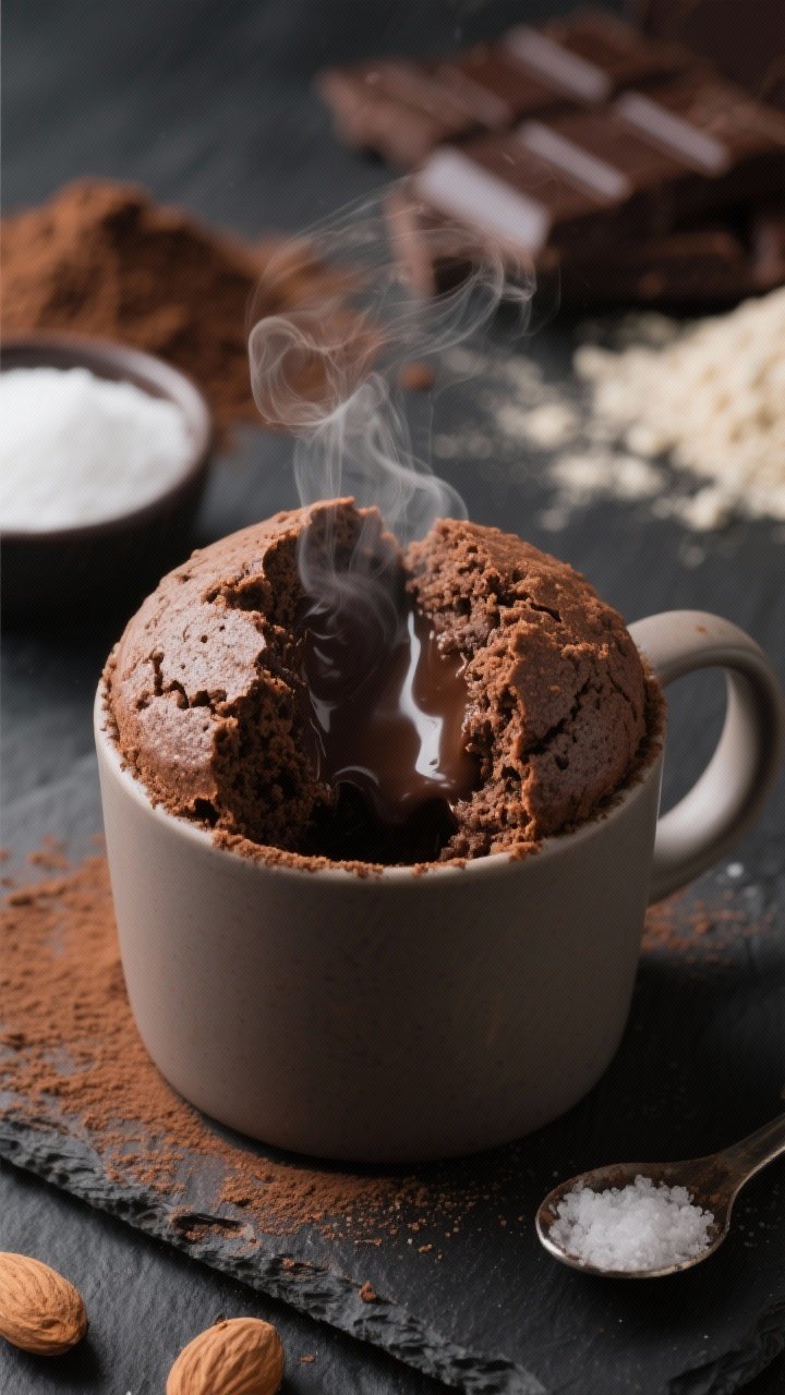Dramatic close-up, straight-on of a double-chocolate protein mug cake just split open to reveal a molten chocolate center; steam rising, crumb tender with cocoa dusting; ingredients in soft focus: chocolate protein powder, almond flour, cocoa powder, granulated sweetener, baking powder, a pinch bowl of salt; styled in a matte ceramic mug on a dark slate.
