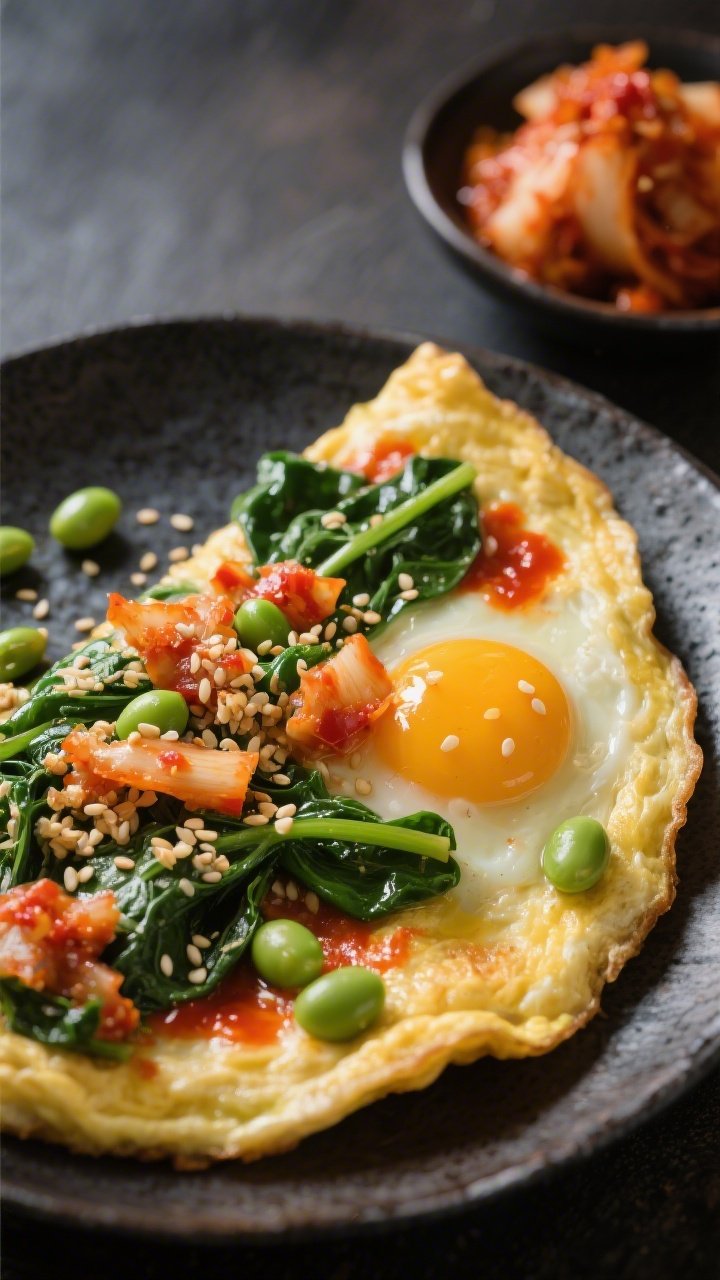 Dynamic 45-degree close-up of a Kimchi, Spinach, and Edamame Omelette With Sesame Crunch: spicy chopped kimchi streaking orange-red through tender eggs, wilted baby spinach adding deep green, and bright edamame pearls throughout; finished with a gloss of toasted sesame oil and a sprinkle of toasted sesame seeds; served on a dark ceramic plate for contrast, with a small dish of kimchi in the background, crisp, high-contrast lighting to emphasize texture.