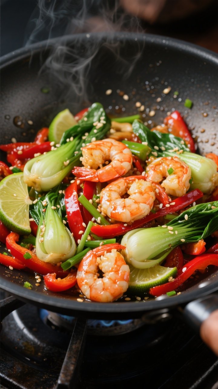 Dynamic close-up wok shot of Ginger-Lime Shrimp Stir-Fry with Baby Bok Choy: glossy shrimp tossed with halved bok choy, thin red bell pepper strips, and sliced green onions. Visible sheen of avocado oil and sesame oil, micro-bubbles and a hint of steam, lime zest speckles, sesame seeds sprinkled over. Dark carbon-steel wok on a stovetop, vibrant reds and greens popping.