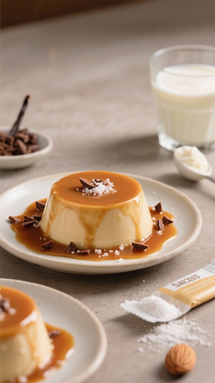 Elegant plated shot at 45 degrees of salted caramel protein panna cotta unmolded on small plates, silky wobble, lacquered with a thin caramel sauce, sprinkled with crunchy cacao nibs and a pinch of flaky salt; props: almond milk glass, vanilla Greek yogurt, scoop of unflavored/vanilla whey, powdered gelatin packet; warm amber highlights.