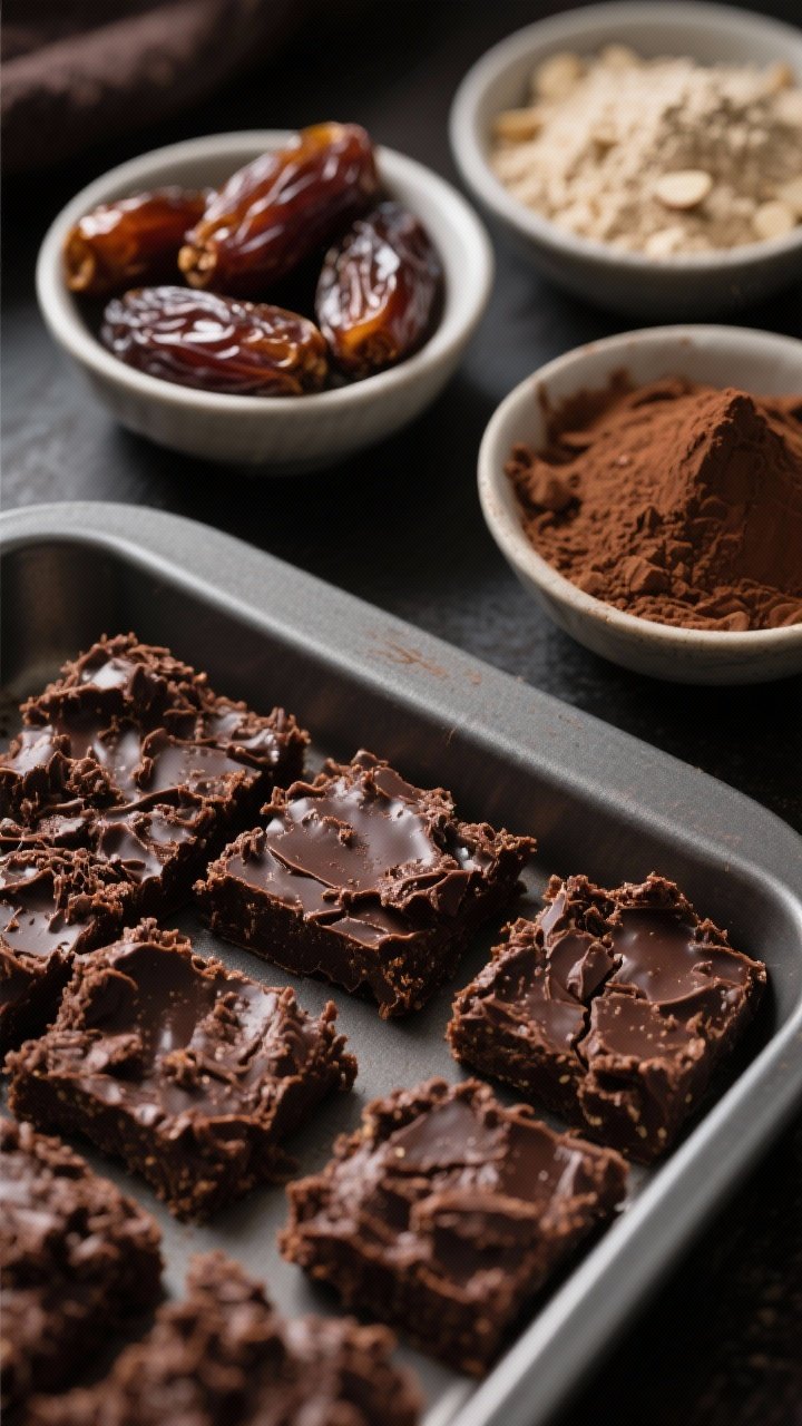 Ingredient process shot, straight-on macro of no-bake protein brownie bite mixture being pressed into a small tray, showcasing fudgy texture with visible cocoa and date sheen; bowls of soaked Medjool dates (drained), almond flour, chocolate protein powder, unsweetened cocoa powder arranged neatly; moody lighting to emphasize rich chocolate tones, no baking equipment.