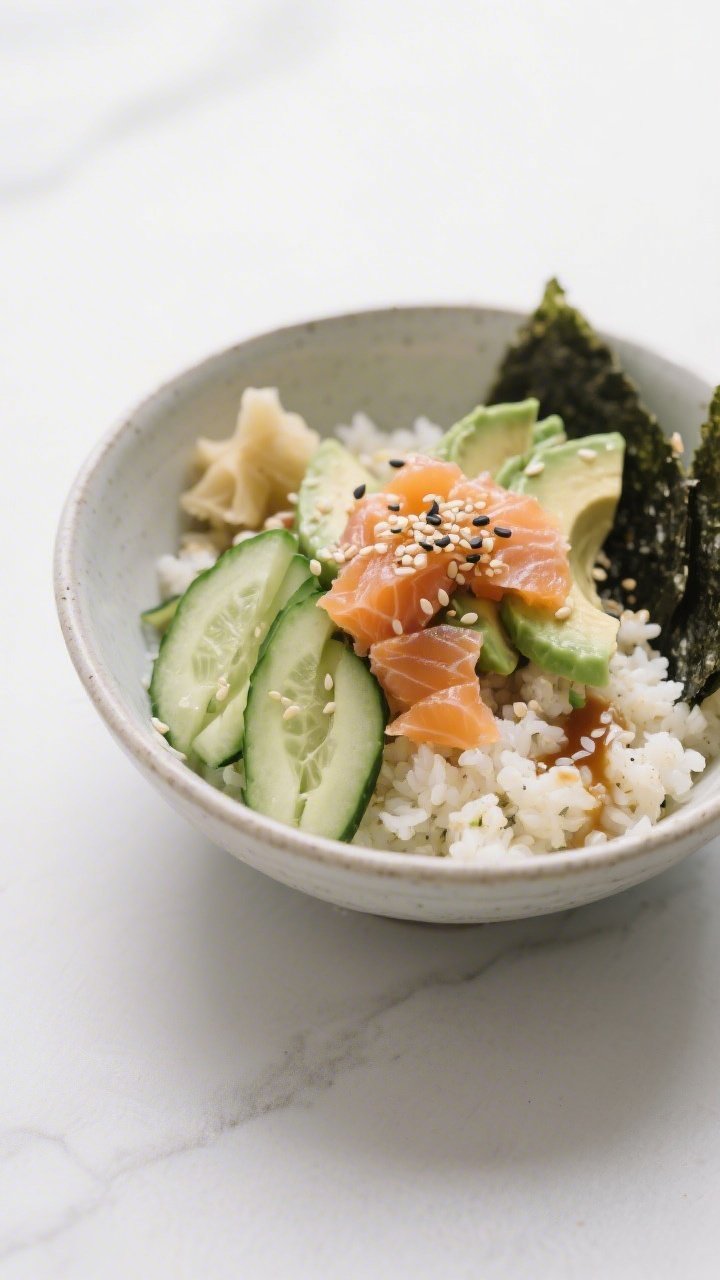 Minimalist bowl at 45 degrees: Cauliflower rice “sushi” bowl dressed with rice vinegar, a touch of maple, and sea salt, topped with torn smoked salmon, creamy avocado slices, nori strips, and sesame seeds. Crisp cucumber and pickled ginger accents optional. Clean, airy styling in a pale ceramic bowl, fresh and modern, Japanese-inspired.