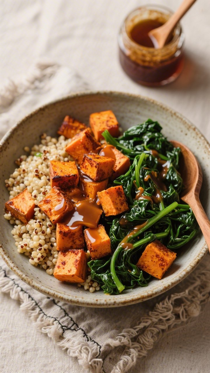 Overhead autumnal bowl: roasted sweet potato cubes with smoked paprika and a hint of cinnamon, piled over fluffy quinoa, tossed with ribbons of sautéed kale; generous drizzle of glossy maple-miso dressing pooling slightly on the quinoa; warm, cozy color palette with a stoneware bowl on a textured linen, maple syrup jar and miso spoon in frame.