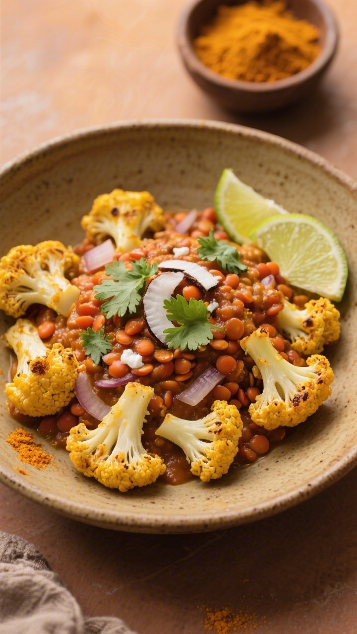 Overhead comfort bowl: golden roasted cauliflower florets dusted with curry powder and turmeric arranged around a mound of creamy curried red lentils (simmered with onion and warm spices), topped with a coconut-lime drizzle; garnished with cilantro and lime wedges; presented in an earthy ceramic bowl on a warm-toned surface with a small bowl of curry powder in frame.