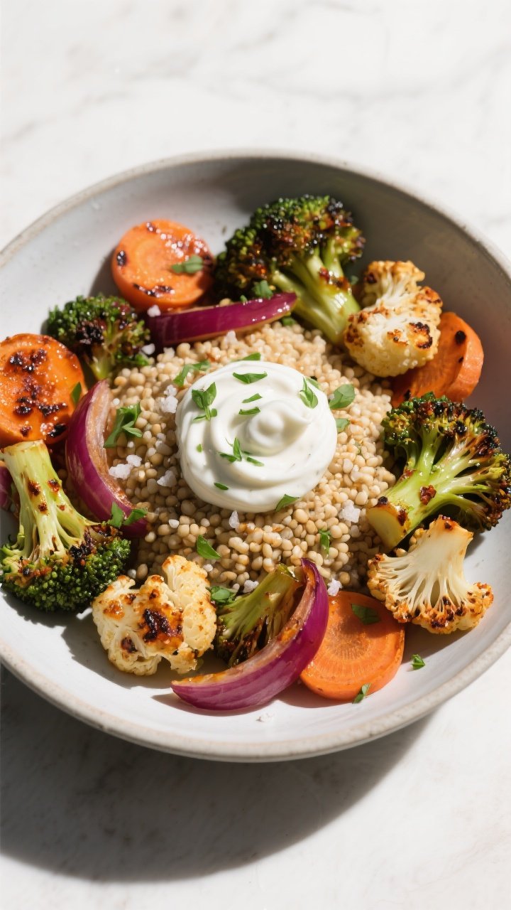 Overhead composed bowl: harissa-roasted veggie bowl with charred broccoli and cauliflower florets, sliced carrot coins, and red onion wedges, all lacquered in olive oil and harissa; a mound of fluffy millet seasoned with salt anchors the bowl; dollops of herby yogurt sauce swirled on top, extra herbs sprinkled; modern ceramics, high-key lighting, crisp shadows.
