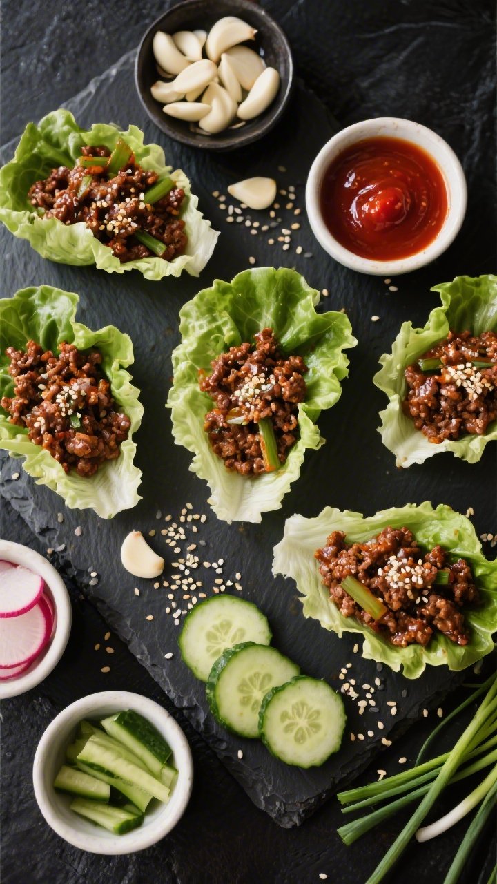 Overhead DIY spread for Korean-inspired beef lettuce wraps: savory ground beef glazed with tamari, sesame oil, gochujang, garlic, and ginger, arranged with crisp lettuce cups, quick pickles (cucumber and radish) glistening with rice vinegar, and sesame seeds scattered; small bowls of extra gochujang and scallions; dark slate backdrop for high contrast.