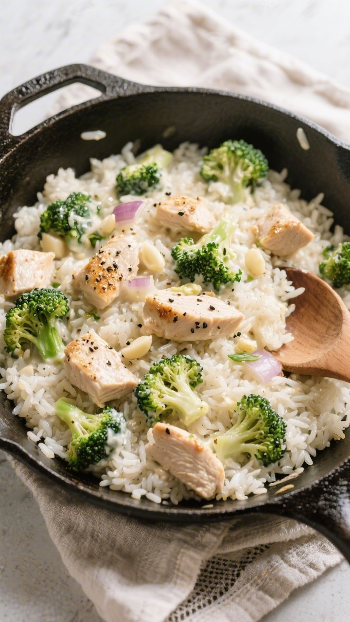 Overhead family-style skillet of creamy chicken and broccoli rice: diced chicken pieces seasoned with garlic powder, salt, and black pepper nestled into tender long-grain white rice; vibrant broccoli florets folded in; creamy, cohesive texture with glossy finish; onion and minced garlic bits peeking through; simple linen and wooden spoon styling for a cozy weeknight vibe.