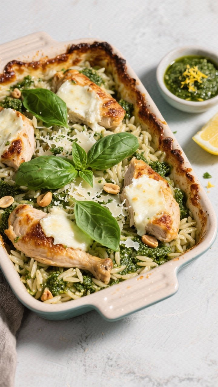 Overhead flat lay of a cheesy pesto chicken and orzo bake: emerald basil pesto streaked through tender orzo, juicy chunks of roasted chicken, pockets of melted mozzarella and grated Pecorino, toasted pine nuts and bright green basil leaves on top; browned, bubbly edges in a square ceramic dish; small bowl of pesto and lemon zest on the side; crisp daylight, vibrant greens.