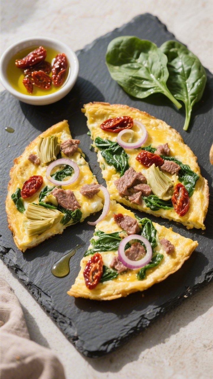 Overhead flat lay of a Mediterranean Fiber Feast Omelette sliced into wedges on a slate board: visible ribbons of spinach, meaty chopped artichoke hearts, and jewel-like sun-dried tomato pieces threaded through tender eggs; thinly sliced shallot rings and a drizzle of good olive oil on top; props include a small bowl of oil-drained sun-dried tomatoes and a few spinach leaves, with a Mediterranean, sunlit mood.