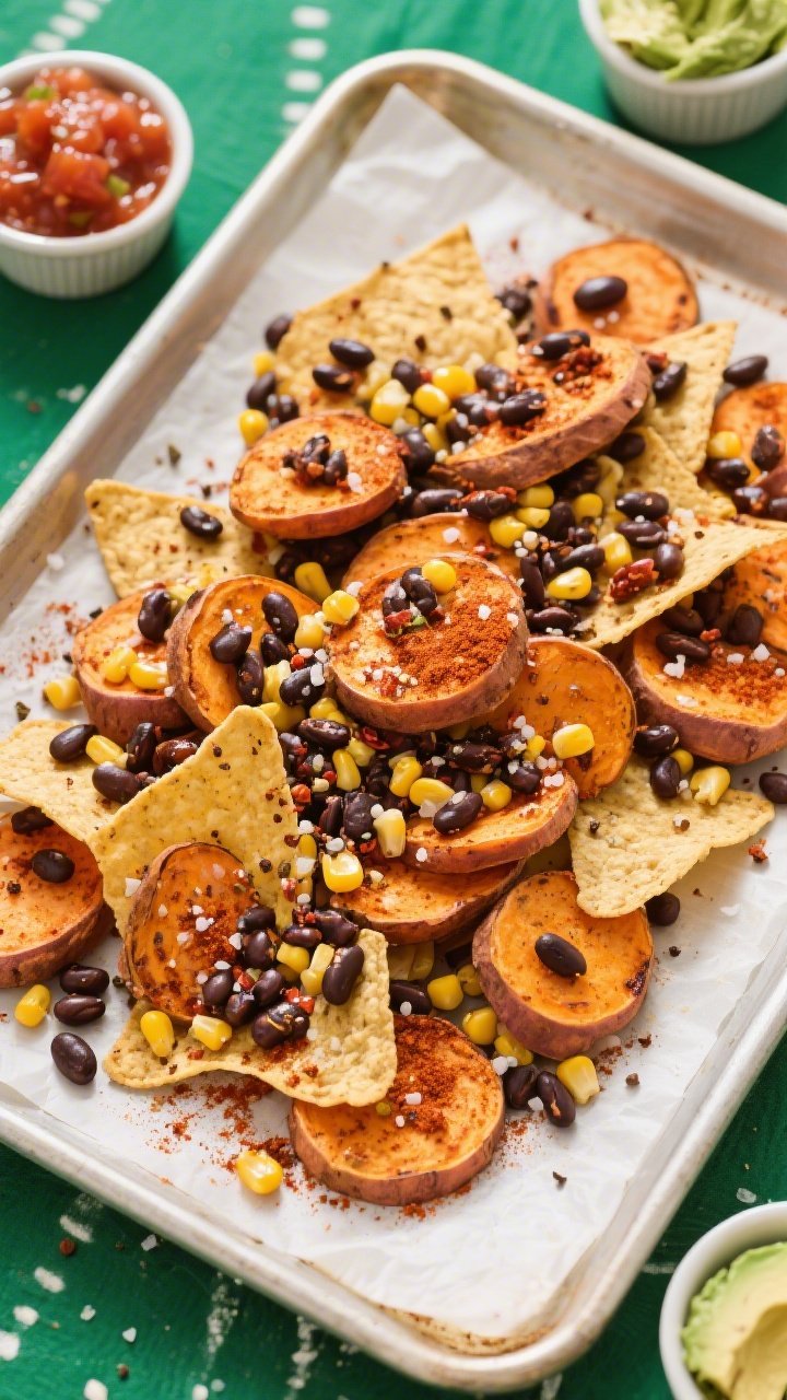 Overhead flat lay of loaded sweet potato nachos on a parchment-lined sheet pan: 1/4-inch sweet potato rounds roasted and arranged like chips, sprinkled with chili powder and cumin; topped with black beans and corn kernels, flecks of salt and pepper; bright, punchy colors, crisped edges on the potatoes; small ramekins of salsa and avocado off-frame corners; vibrant, game-day energy.