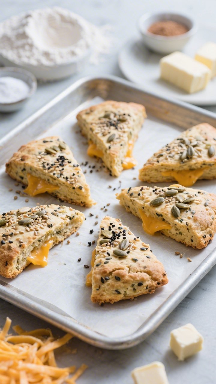 Overhead flat lay of savory seeded cheddar scones on a baking sheet, triangular wedges with visible melted cheddar pockets and speckled flax; sunflower seeds pressed onto tops, sprinkled with black pepper; mise en place around: flour, baking powder, soda, cold butter cubes, and shredded cheddar; cool-toned light with a cozy café vibe.