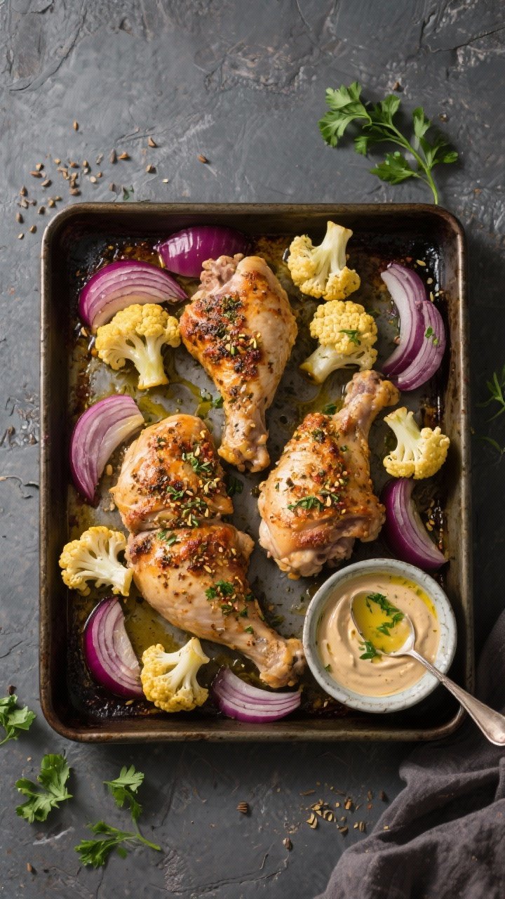 Overhead flat lay of za’atar-spiced bone-in chicken thighs and golden cauliflower florets with red onion wedges on a sheet pan; visible za’atar and cumin speckles, olive oil sheen, browned crispy chicken skin; small bowl of herby tahini drizzle on the side with spoon trails; earthy Middle Eastern vibe, slate backdrop, fresh parsley scattered.