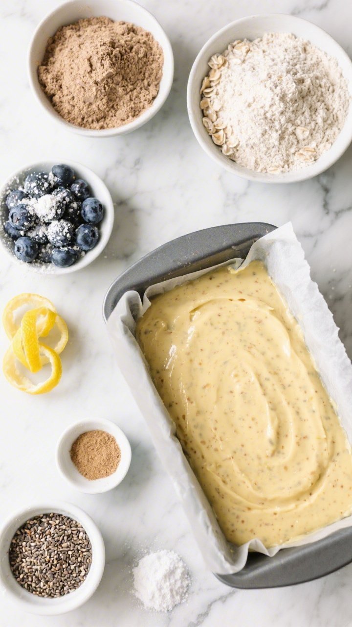 Overhead ingredient-and-batter prep flat lay for blueberry buckwheat lemon loaf: bowls of buckwheat flour and oat flour, ground chia, fresh blueberries lightly dusted with flour, bright lemon with zest curls, baking powder and soda in small pinch bowls; a loaf pan lined with parchment and a lemony speckled batter ready to pour; airy, gluten-friendly vibe with cool natural light on a marble surface.