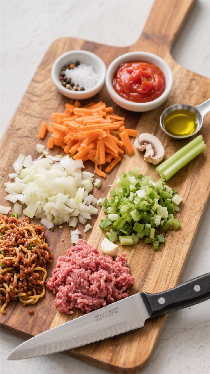 Overhead ingredient prep flat lay for budget bolognese with hidden veg: neat piles of finely chopped onion, carrot, celery, mushrooms, minced garlic, and raw ground beef arranged on a wooden cutting board; small bowls of tomato paste and crushed tomatoes, a pinch bowl of salt and pepper, and a measuring spoon of olive oil; sharp chef’s knife alongside; clean, organized mise en place emphasizing affordability and nutrition.